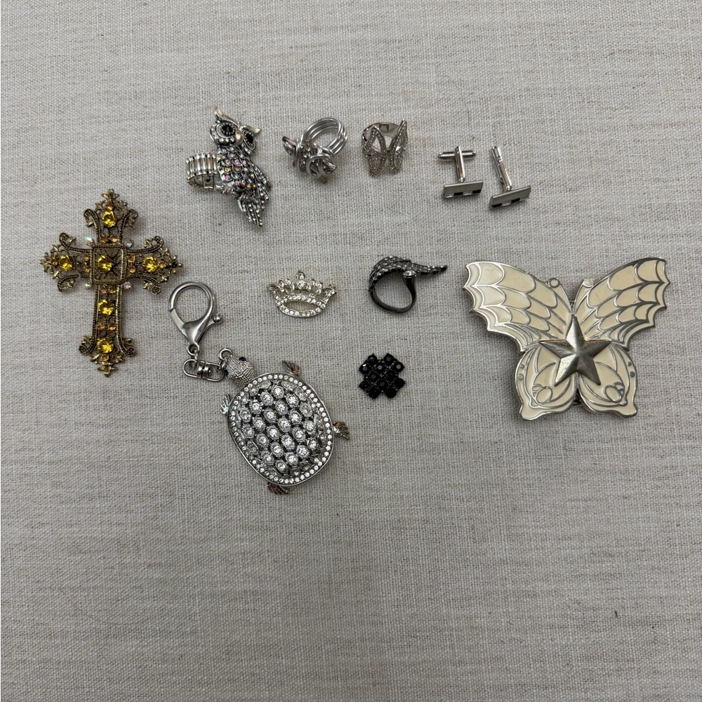 Mixed Silver and Gold Jewelry Charm Lot - Cross, Butterfly, Rhinestones